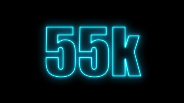 Bright cyan neon number 55 K on black background with luminous glow fifty five thousand count
