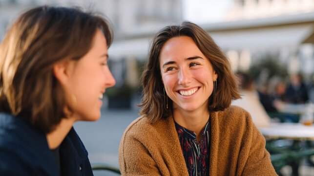Woman and man sitting at outdoor cafe table, smiling and engaged in conversation.