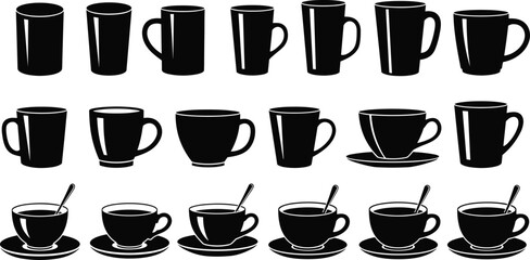 Collection of vector silhouette icons featuring various coffee and tea cups, mugs, and saucers, filled with hot beverages, representing breakfast, cafe, break time, and dining crockery set on white.