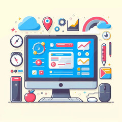 An illustration shows a computer with surrounding icons cloud location marker and more