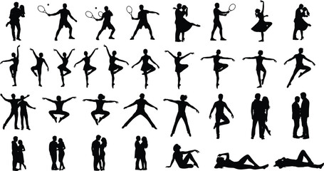 Comprehensive Vector Silhouette Collection of People in Diverse Activities, Including Tennis Players, Dancers, Romantic Couples, and Relaxing Poses, Representing Leisure, Sport