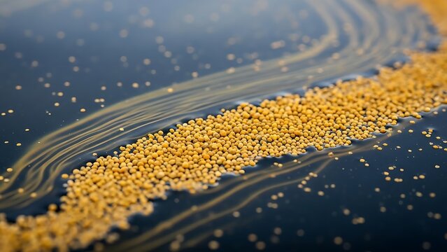 Close up of pine needles and a pine cone on the forest floor after a light rain in the woods