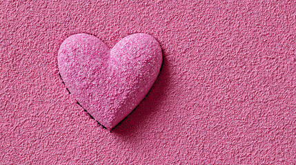 Pink heart on textured pink wall background with sandstone surface, copy space for happy Valentine&rsquo;s Day celebration, flat lay romantic concept for love, holiday greeting card and simple decorative de