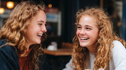 Two young women sharing a joyful moment at a cafe.