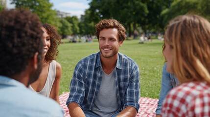 Fototapeta premium Man enjoying outdoor picnic with friends or family.