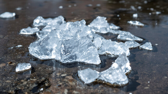 Cracked clear ice shimmering in the sun on a wet surface outdoors