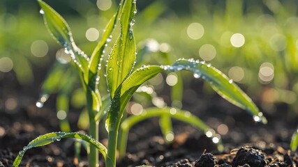Vibrant green plant shoots covered in sparkling water droplets growing in fertile soil with natural sunlight bokeh - Powered by Adobe