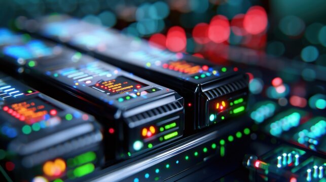 High-Tech Server Racks with Colorful LED Lights in a Modern Data Center Environment