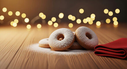Warm Delicious Donut with Powdered Sugar on Wooden Table Still Life