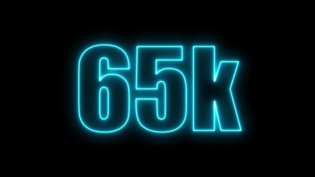 Bright blue neon text reading 65 K illuminated against a dark black background sixty five thousand number