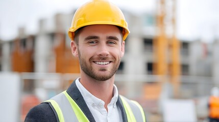 A professional male construction worker in a yellow hard hat and hi vis vest smiles confidently on an active building site amidst structural development and hinery