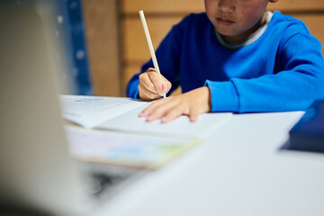 オンライン授業で勉強する小学生の男の子