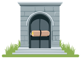 Fototapeta premium Stone Wall Entrance with Iron Doors, Wooden Lock, and Steps Leading to Grass