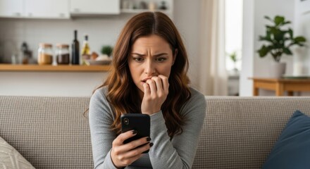 Worried woman looking at smartphone sitting on couch at home feeling anxious