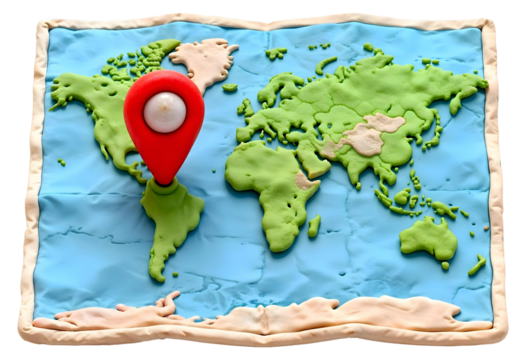 World map with pin 3D illustration, isolated on transparent background, png