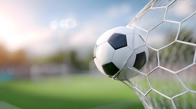 Close up perspective of a black and white soccer ball nestled in the intricate hexagonal pattern of a goal net representing a moment of triumph in a competitive sport - Powered by Adobe