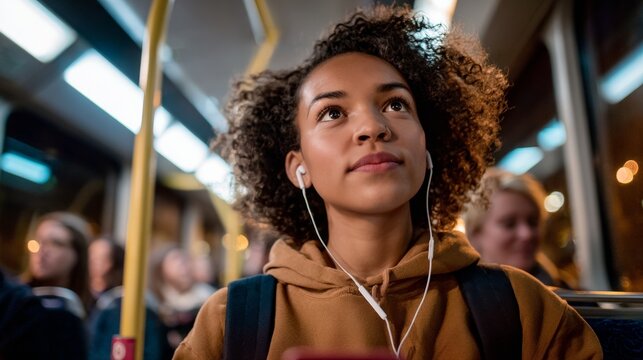 Woman listening to music on bus at night. - Powered by Adobe
