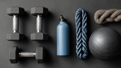 Overhead shot of exercise equipment on a dark background, including weights, rope, and a water bottle