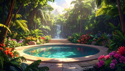 A serene tropical scene featuring a clear pool surrounded by vibrant flowers, lush greenery, and a cascading waterfall