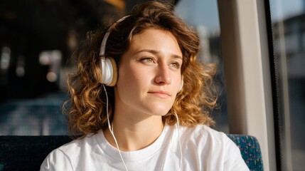 Obraz premium Woman wearing headphones, sitting on train, looking out window.
