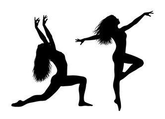 Female dancer silhouettes in dynamic leaping and lunge poses