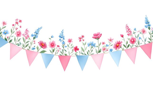 A beautiful watercolor border featuring a string of alternating pink and blue triangular bunting flags adorned with a vibrant display of diverse wildflowers and green leaves perfect for celeb ns