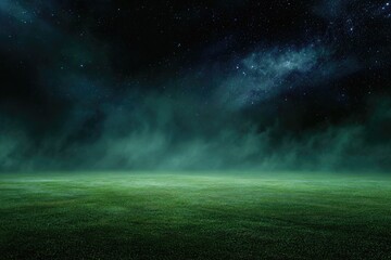 Tranquil green field under a starry, nebula-filled night sky. Soft fog adds depth