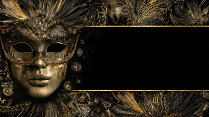 Elegant black and gold masquerade-themed background with an empty rectangular banner in the center, ornate mask on one side, dark fantasy digital art style perfect for party invitations and festive ev