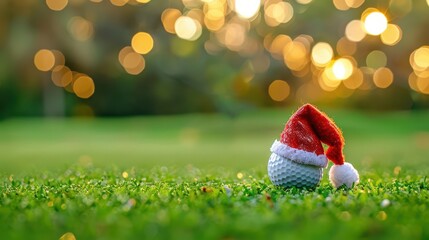 Fototapeta premium Festive golf ball with santa hat on grass background for christmas celebration. Horizontal banner. Copy space. White golf ball decorated with santa hat on a green grass. For golf club, sports store