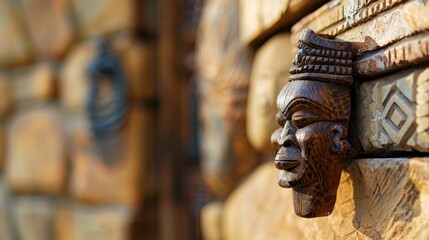 Fototapeta premium Intricately Carved Wooden Mask Adorning a Textured Stone Wall in Natural Lighting