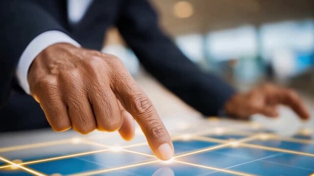 Touch Point: A close-up of a hand interacting with a futuristic, interconnected display, symbolizing innovation, technology and future.