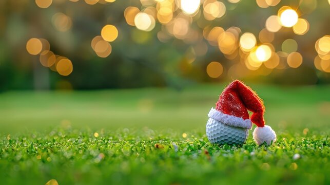 Festive golf ball with santa hat on grass background for christmas celebration. Horizontal banner. Copy space. White golf ball decorated with santa hat on a green grass. For golf club, sports store