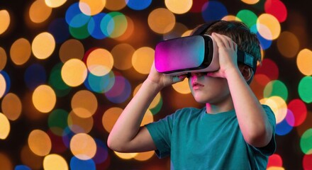 Young boy wearing a Virtual Reality (VR) headset, immersed in a digital world with a vibrant, colorful, and blurred bokeh lights background.