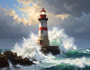 Obraz premium A majestic seaside structure, stands firm amidst the turbulent ocean. Dramatic clouds and crashing waves engulf the stone tower