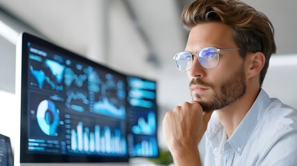 A focused professional wearing glasses is deeply engaged with a complex digital dashboard featuring charts and graphs on several illuminated monitors suggesting data analysis or business strategy