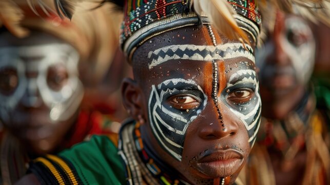 Traditional African dancer with face paint and colorful headdress during cultural celebration and performance in vibrant setting