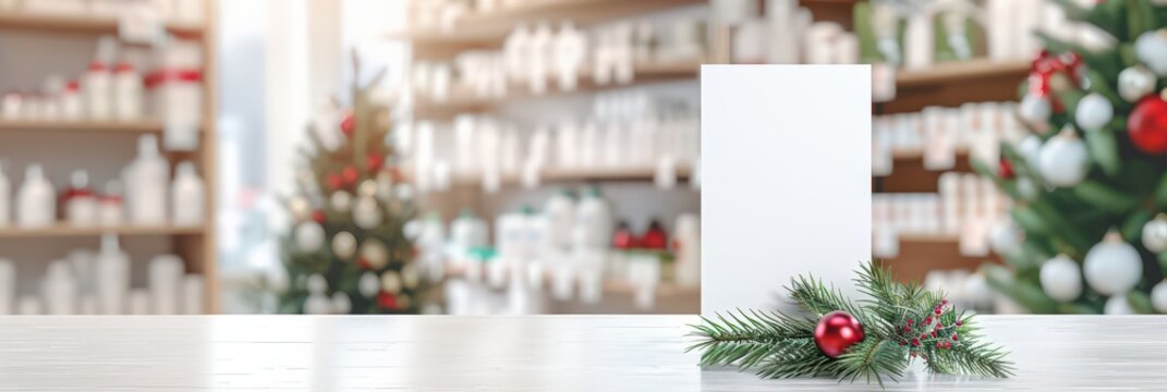 Christmas and new year mock up with pine branches and red ornamen. White poster, Christmas background. Template for pharmacy, drugstore, cosmetics store. Horizontal banner. Copy space