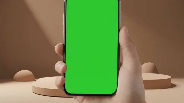 Hand holding a modern smartphone with a green screen. Ideal for app UI/UX mockups, website presentations, or product showcases in a clean, minimalist studio setting