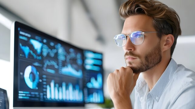 A focused professional wearing glasses is deeply engaged with a complex digital dashboard featuring charts and graphs on several illuminated monitors suggesting data analysis or business strategy