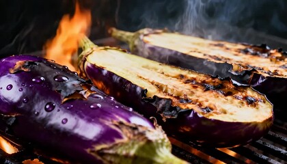 Grilling eggplant halves on an open flame for a delicious smoky flavor