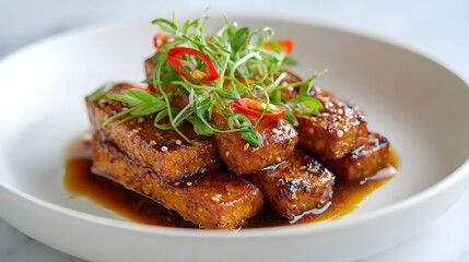 Appetizing presentation of golden brown fried tofu coated in a savory glaze topped with fresh microgreens chili slices and toasted sesame seeds