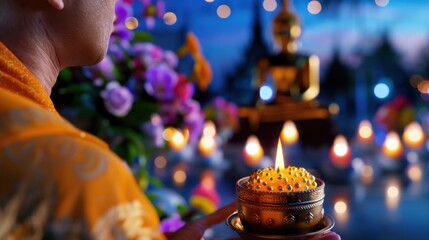 Serene Moment of Meditation with Candlelight and Buddha Statue at a Colorful Festival Celebration