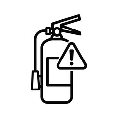 Line art icon of a fire extinguisher with a warning or alert symbol, isolated on