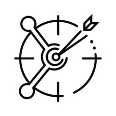 Black and white line art icon representing a target with an arrow hitting the bullseye, isolated on