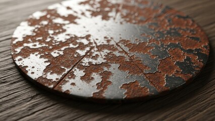 Close-up of a heavily rusted metal disc on wooden surface