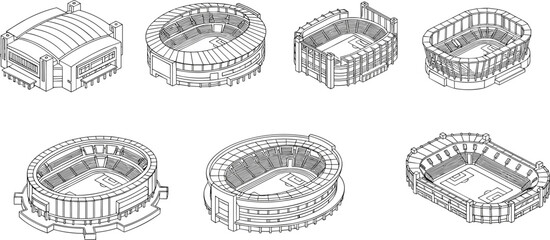 Isometric stadium architecture illustration set, modern sports arena designs, detailed line art collection of athletic venues, professional arena construction concept, architectural drawing series © Akaza