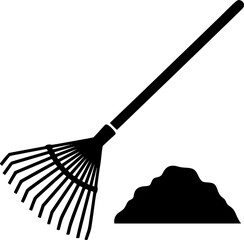 Minimalist black silhouette of a garden rake and a small pile of dirt on a white background