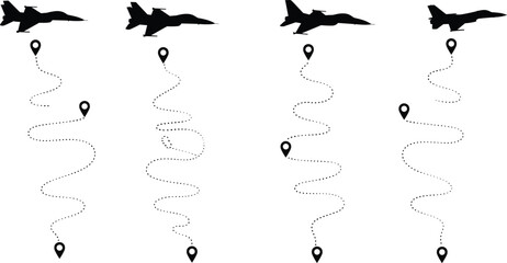 Jet fighter flight paths illustration, military aircraft route icons, dotted line trajectory set, aviation navigation graphic, air force silhouette planes, travel direction markers