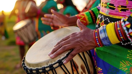 Hands of Musicians Performing Traditional Drumming at Sunset in Cultural Celebration with Colorful Garments and Instruments
