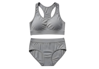 Gray lace trimmed sports bra and high waisted panty set isolated on transparent background